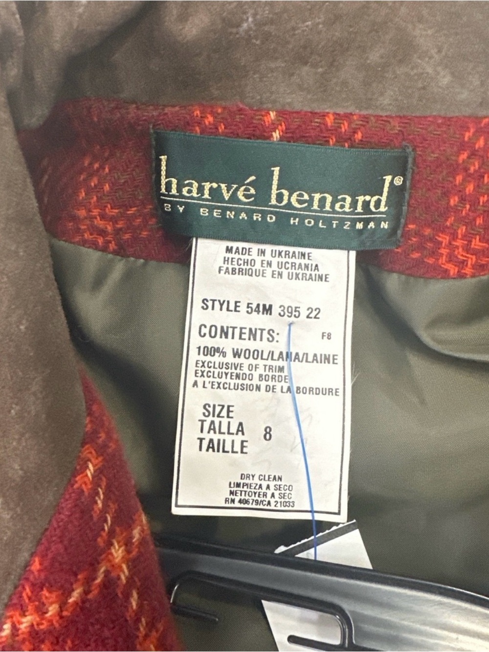 Vintage Harvé Benard Wool Plaid Blazer Size 8 Suede Collar - Picture 7 of 7